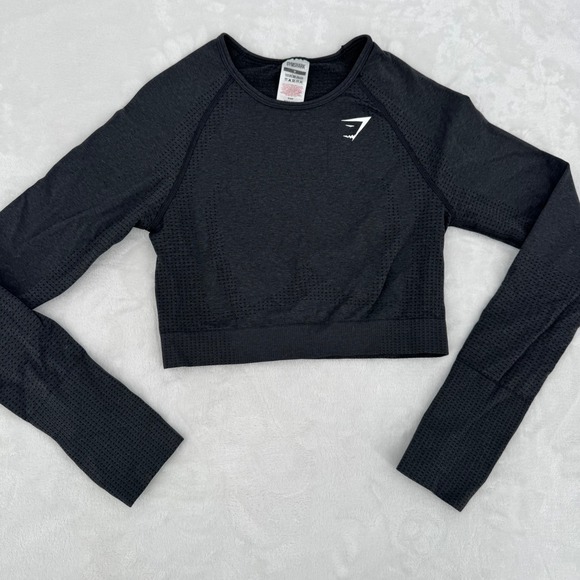 Gymshark Tops - Gymshark Vital Seamless 2.0 Long Sleeve Athletic Crop Top Black Marl Womens Med